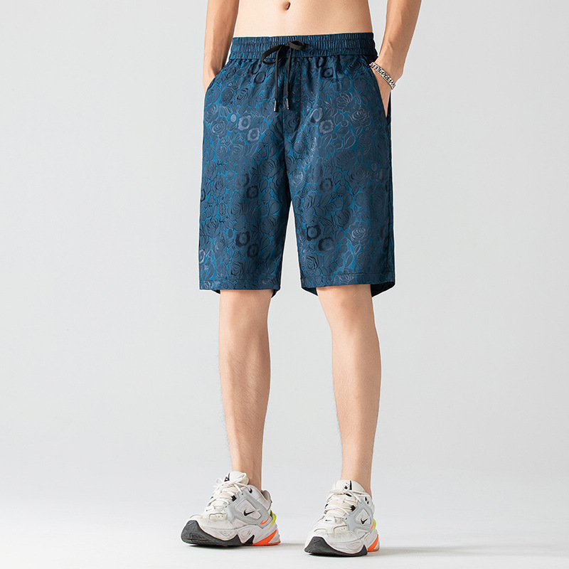 Jacquard Ice Silk Quick-Dry Casual Shorts for Men, Summer Thin National Trend Loose Fashion Versatile Breathable Five-Point Shorts for Men