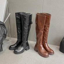 敲显高~6cm厚底褶皱过膝长靴女圆头粗跟高筒骑士靴弹力长筒瘦瘦靴