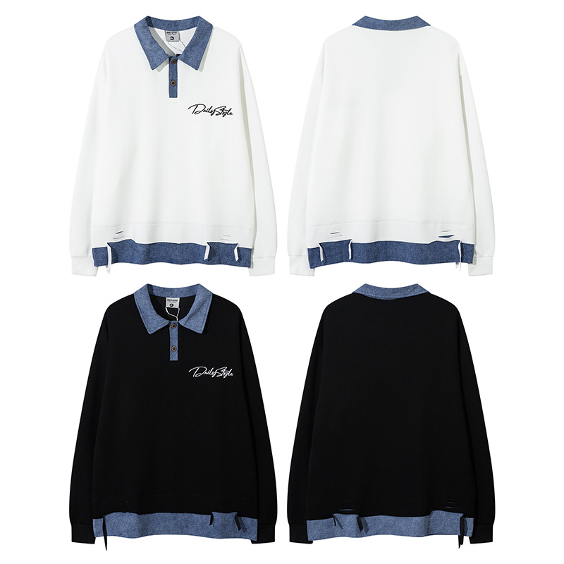 Men's Clothing college style denim collar splicing loose street niche two piece men's autumn design sweatshirt_voghion.com