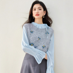 铭海 刺绣小花羊驼毛针织衫马甲2025新款灰色背心女秋冬叠穿上衣