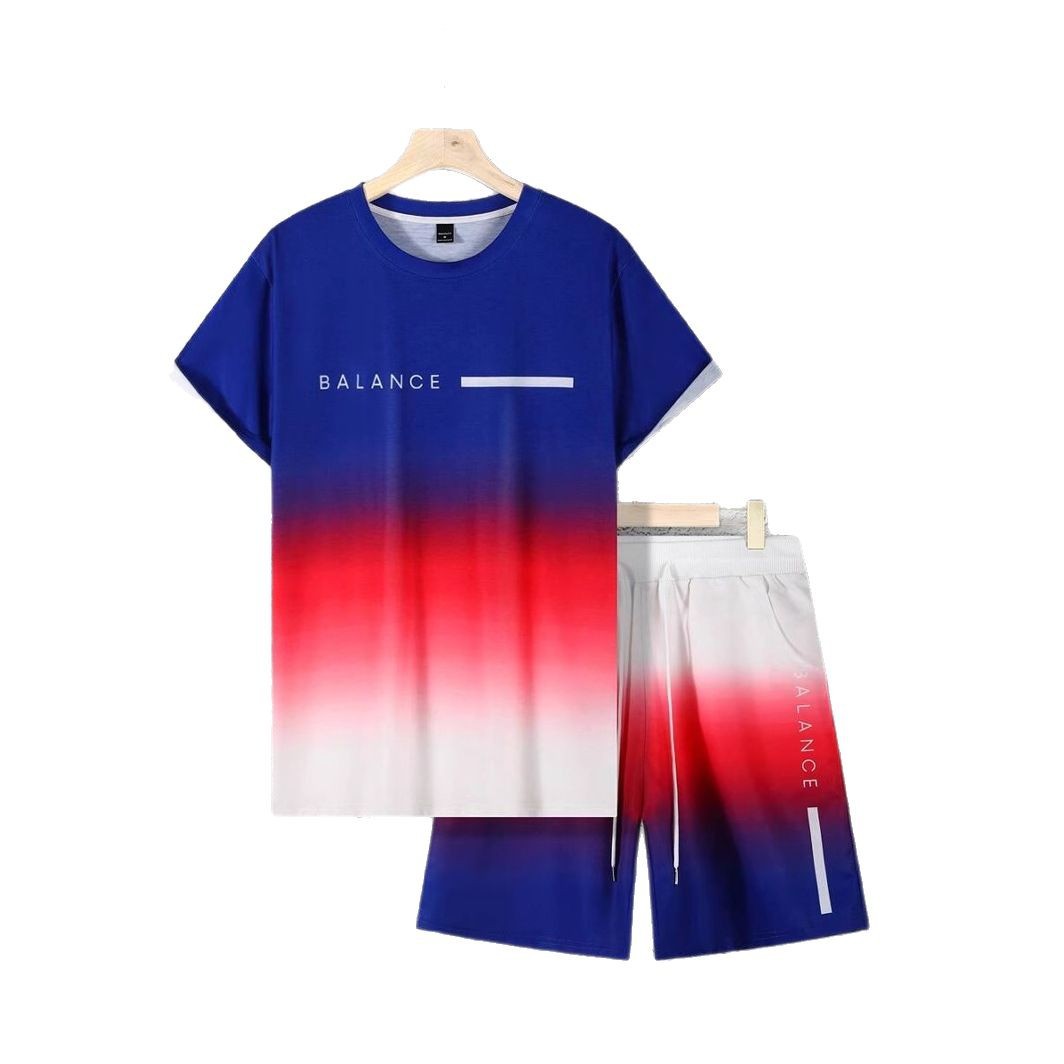 Lema de letras de color degradado estampado 3D traje de hombre camiseta traje deportivo de hombre cuello redondo pantalones cortos con cordón de manga corta