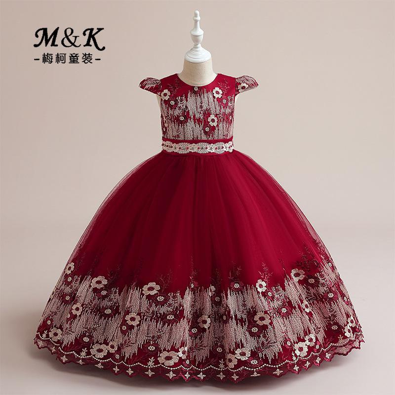Nueva ropa infantil transfronteriza en stock, vestido formal para niñas, vestido de princesa, malla bordada, para desfile, atuendo para actuación de piano para niñas pequeñas.