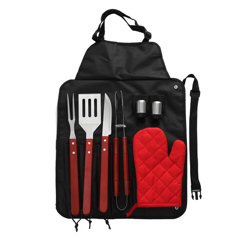 Mango de madera parrilla traje de acero inoxidable delantal herramientas de barbacoa 8 piezas utensilios de barbacoa al aire libre cuchillo y tenedor pala clip Amazon