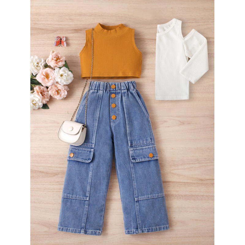 European and American Cross-Border Children's Clothing Girls Summer Pit Strip Pure Color Sleeveless Off-Shoulder Pullover Ripped Denim Pants Two-Piece Set