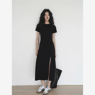 黑色开叉长裙子圆领短袖连衣裙女夏季设计感修身气质裙子爆款代发