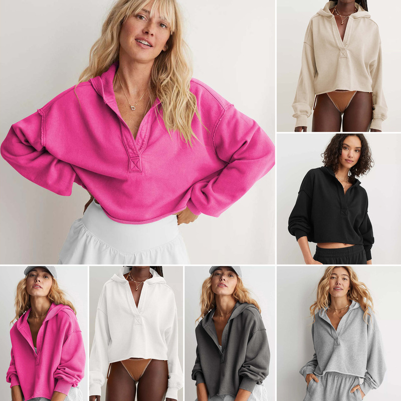 Cross-Border Fashion Loose Trendy Brand Hooded Sweatshirt for Women, Spring and Autumn European and American Style V-Neck Pullover Long-Sleeve Top, Solid Color
