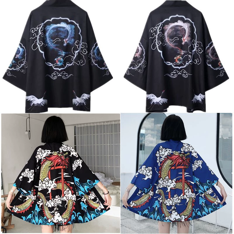 Китайский стиль дракон и журавль Укиё-э феникс и птица кимоно халат свободный кардиган с рукавами три четверти халат тканая одежда с перьями