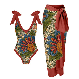 Retro Floral Swimsuit Set Red Edge Lace-Up Brilliant Color Printed Swimwear Women Beach Skirt Anti-Exposure