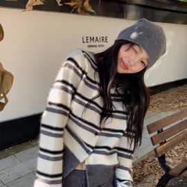 韩系秋冬新款撞色条纹宽松慵懒外套羊毛针织开衫上衣女感显瘦毛衣