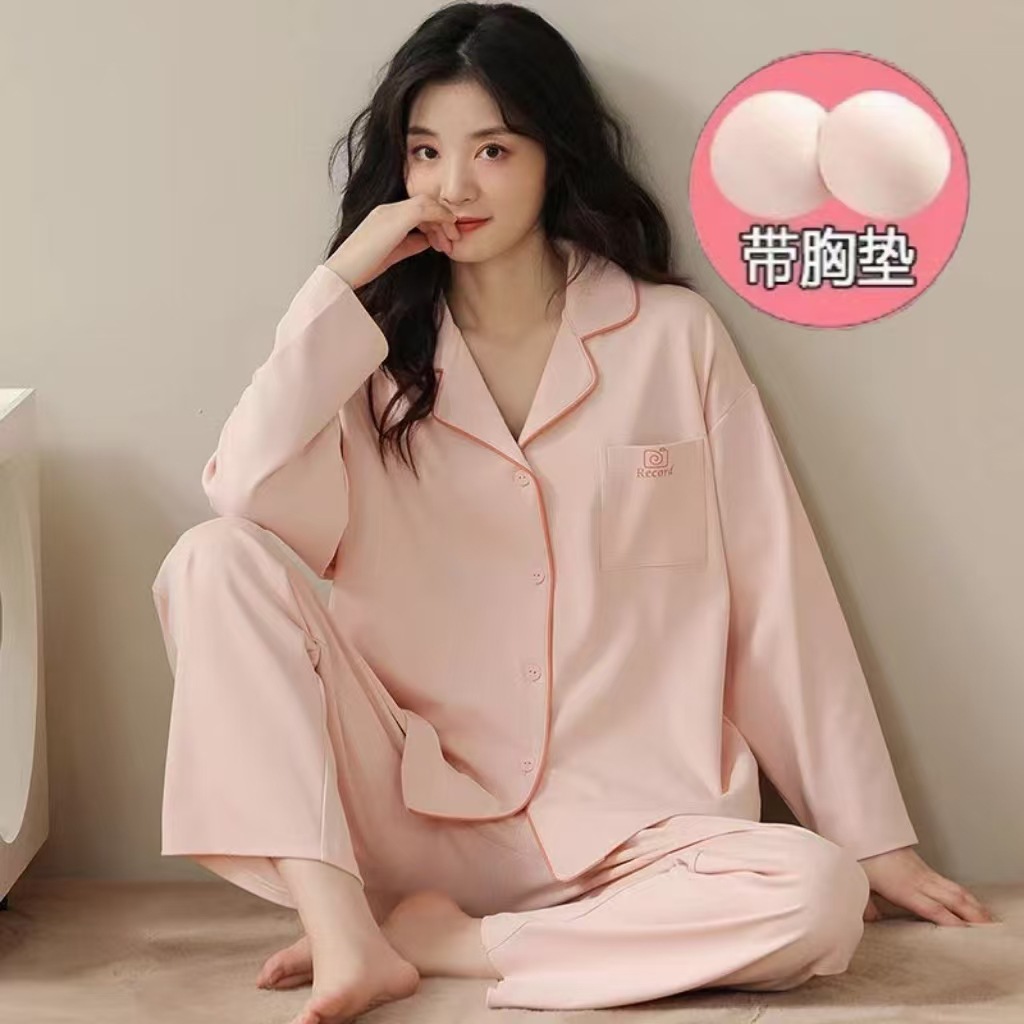 Pijama de otoño de primavera y otoño de algodón de verano con cojín de pecho anti-protuberancia pantalones de manga larga cardigan de alta calidad ropa para el hogar