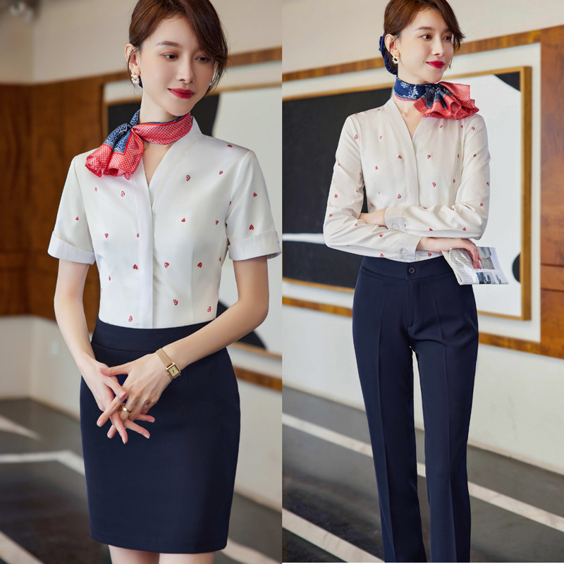 HN108 stewardess professional suit women's V-neck long white shirt printed temperament medical beauty front desk work wear flight attendant top