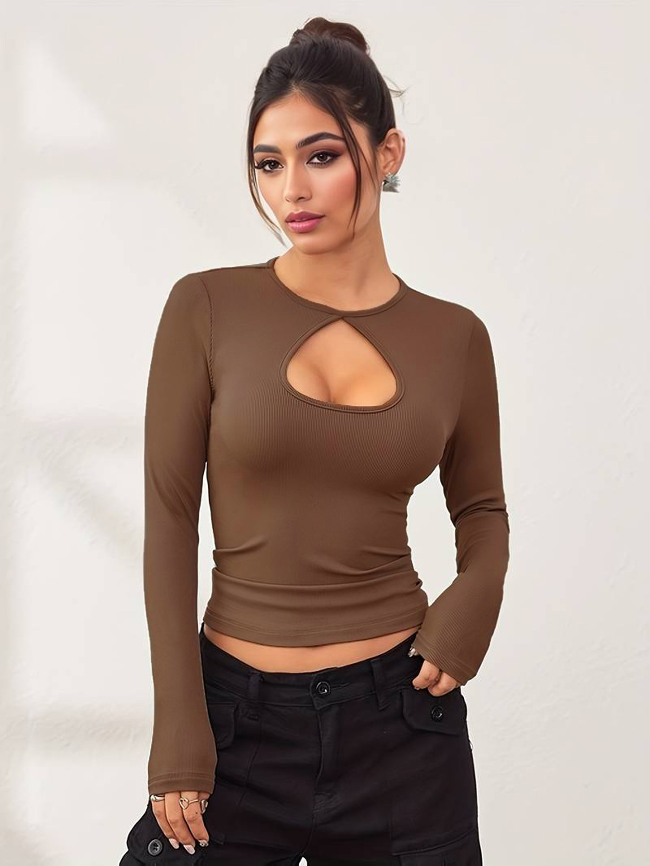 Voya Women's Simple And Versatile T-shirt For Spring And Summer Casual Commuting, Long Sleeved Slim Fit Solid Color Top For Interior Wear_ecoleips.com