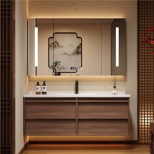 中古风胡桃木色陶瓷一体盆浴室柜卫生间骨骼线洗漱台洗手洗脸池柜