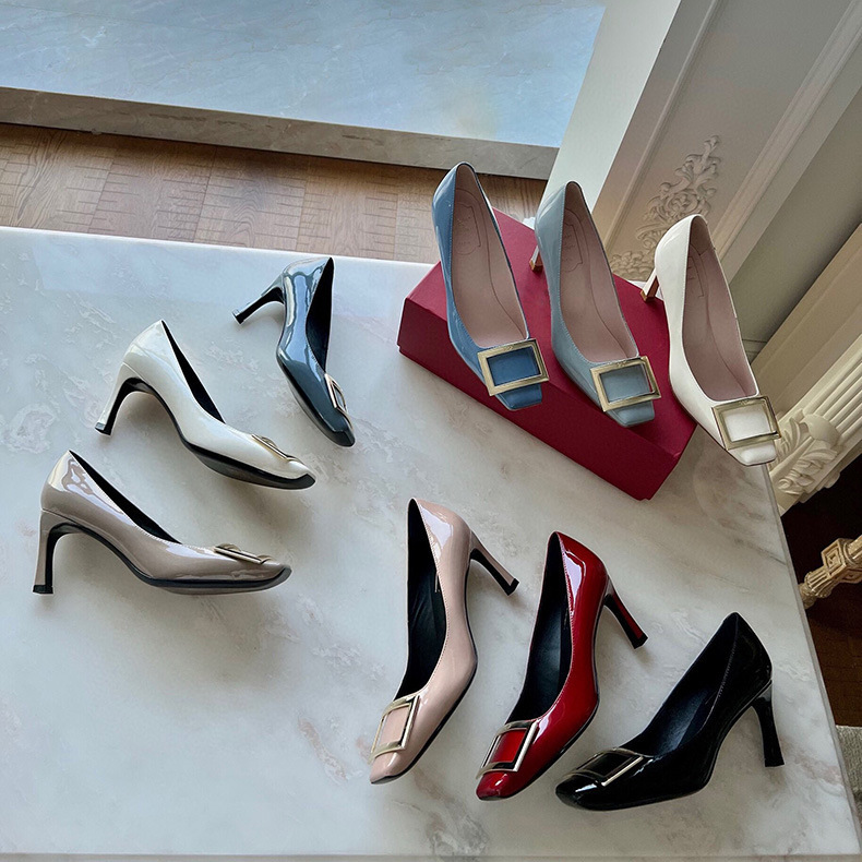 R Home Patent Leather High Heels Flat Head Square Buckle Head Fashion Shoes Fashion Shoes Women's Wedding Shoes Banquet Shallow Mouth Shoes