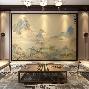 书房客厅沙发墙布千里江山图墙纸国画山水电视背景墙壁纸茶室壁布-阿里巴巴