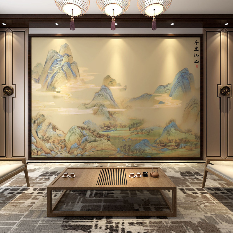Study Living Room Sofa Wall Covering Thousand-Mile Landscape Painting Wallpaper Chinese Painting Landscape Tv Background Wall Wallpaper Tea Room Wall Covering