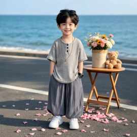 外贸2026男童夏装新款百搭潮流时尚痞帅套装休闲时髦帅气套装批发