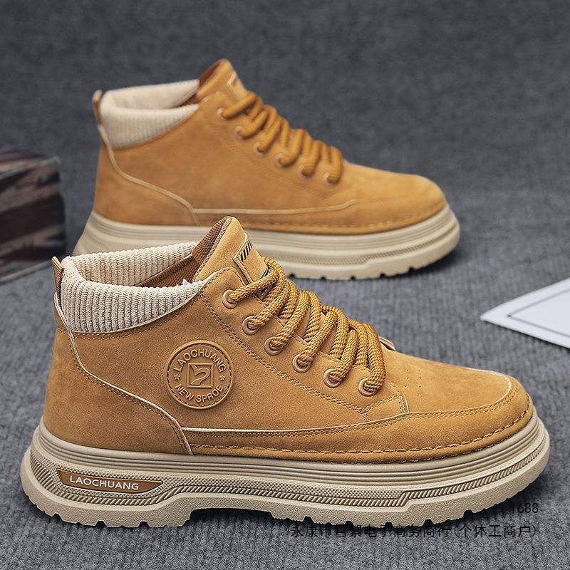 Men's autumn and winter high-top leather Martin boots, height-increasing outdoor yellow boots, desert work boots, outdoor hiking shoes, thick-soled trendy shoes Men's autumn and winter high-top leather Martin boots, height-increasing outdoor yellow boots, desert work boots, outdoor hiking shoes, thick-soled trendy shoes