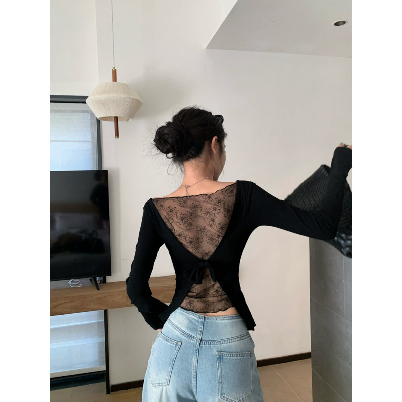 Real Shot and Real Price Autum Sexy Style Back Spliced ​​Lace Long-Sleeved T-Shirt Feminine Slimming Look Top