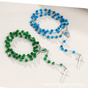 Cross-border e-commerce hot 6mm Brushed beads cross necklace rosary baptism prayer