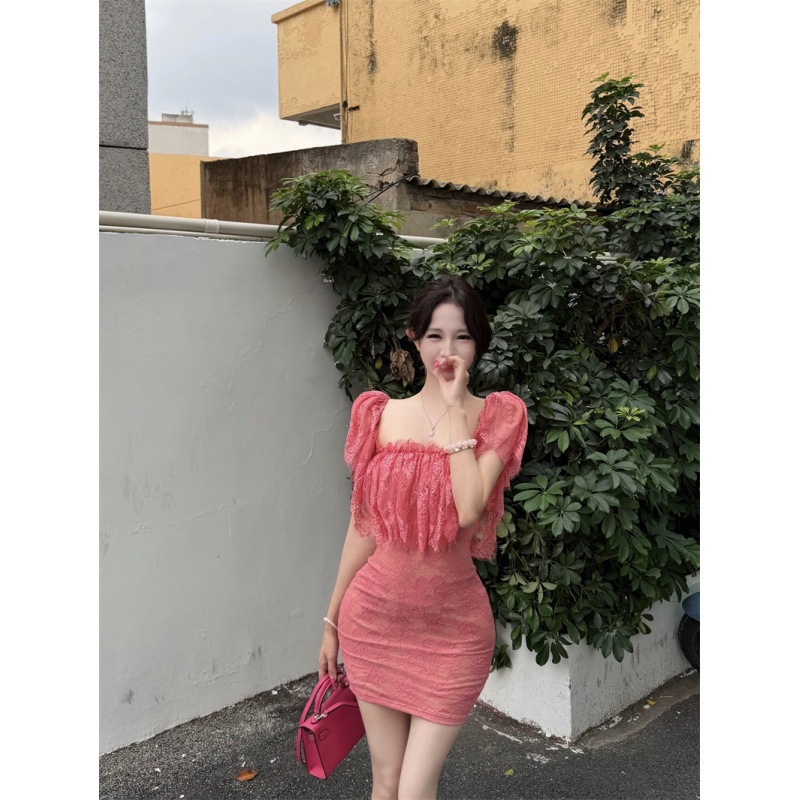 Xin Da Ke "Rouge Rose Pink" Lace Hollow-Out Backless French-Style Niche Dress with Off-Shoulder Casual Design Short Dress Xin Da Ke "Rouge Rose Pink" Lace Hollow-Out Backless French-Style Niche Dress with Off-Shoulder Casual Design Short Dress