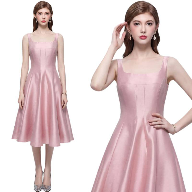 Đầm maxi nữ dây mảnh thắt eo phong cách Pháp thanh lịch — Champagne màu, màu thiên thanh, màu đen, màu hồng