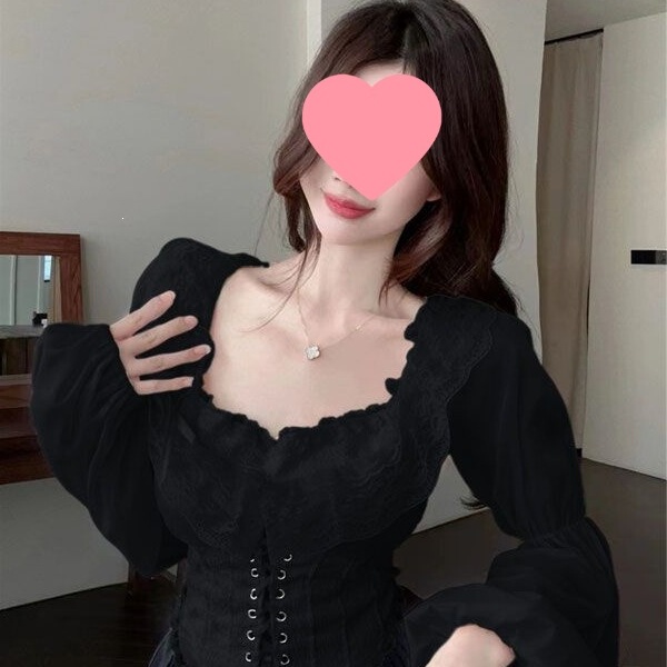 Palace-style ruffled lantern sleeve lace blouse for women, early spring pure and desirable French fishbone off-shoulder fairy top