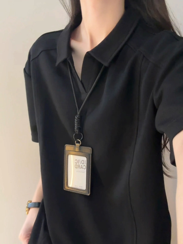 Black Lapel Short-Sleeved Polo Shirt for Men, Summer Wear, V-Neck, Straight-Shoulder T-Shirt, Loose-Fitting American-Style Quick-Drying Half-Sleeved Top