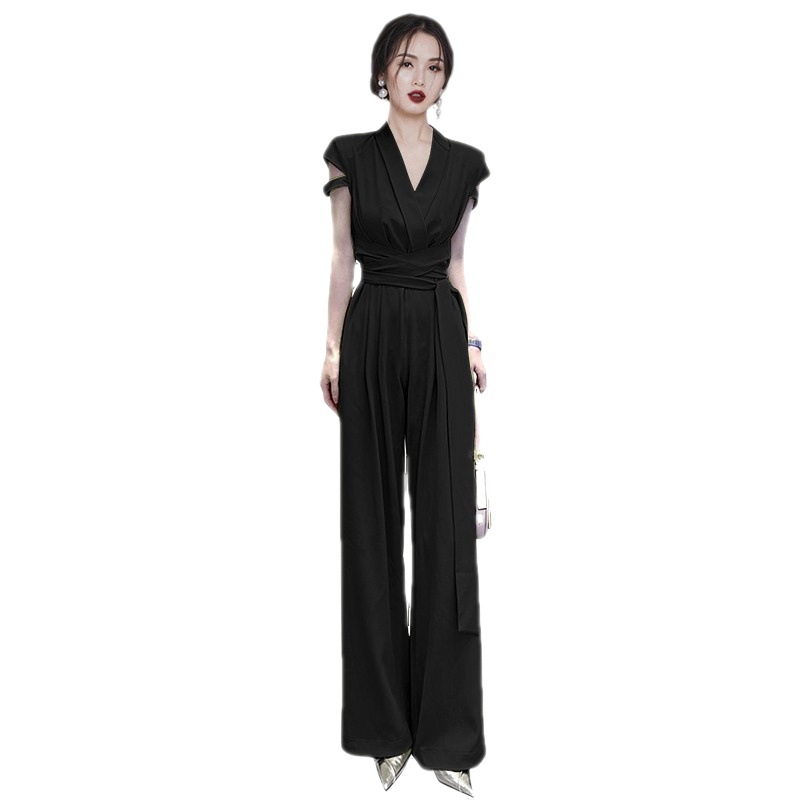 Sentido del cinturón de temperamento de cintura con cuello en V para damas, pantalones delgados de pierna ancha 2023 nuevo mono Yujie Fan transfronterizo
