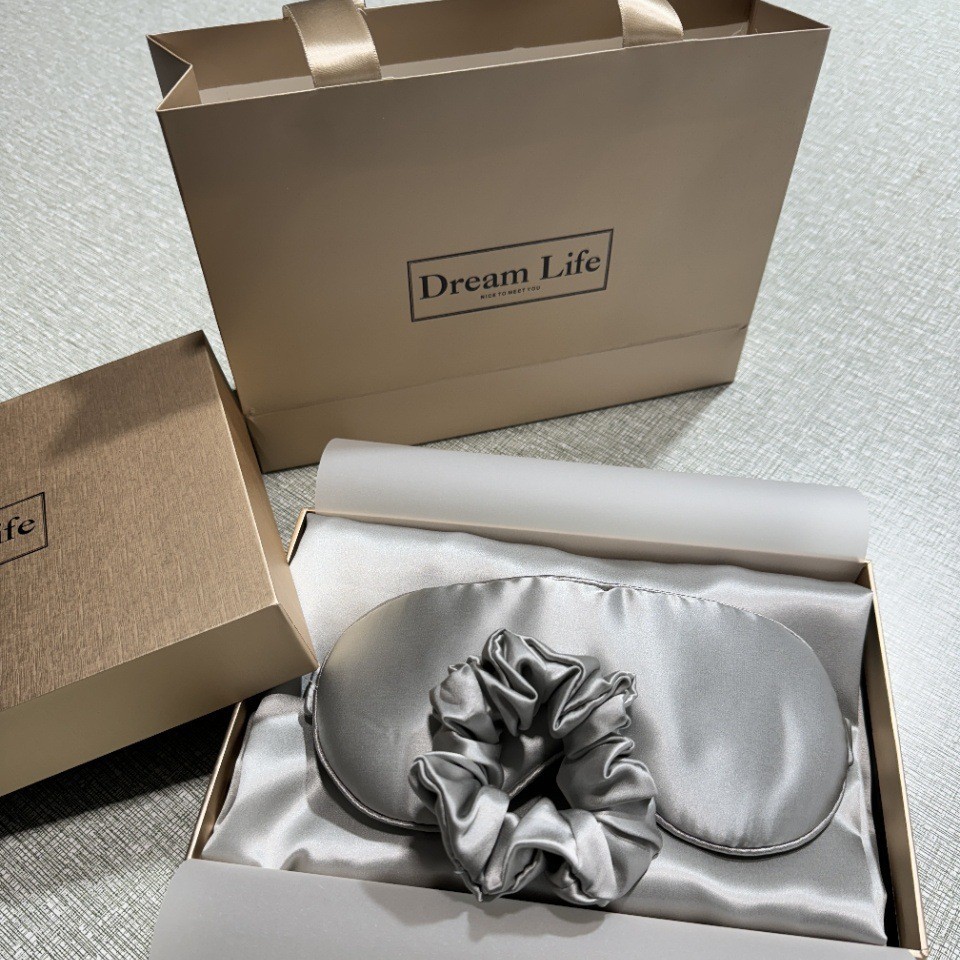 Regalos de alta gama, almohada de seda de alta calidad, cubierta de ojos, anillo de cabello, caja de regalo de seda, 100% seda de morera, conjunto de tres piezas