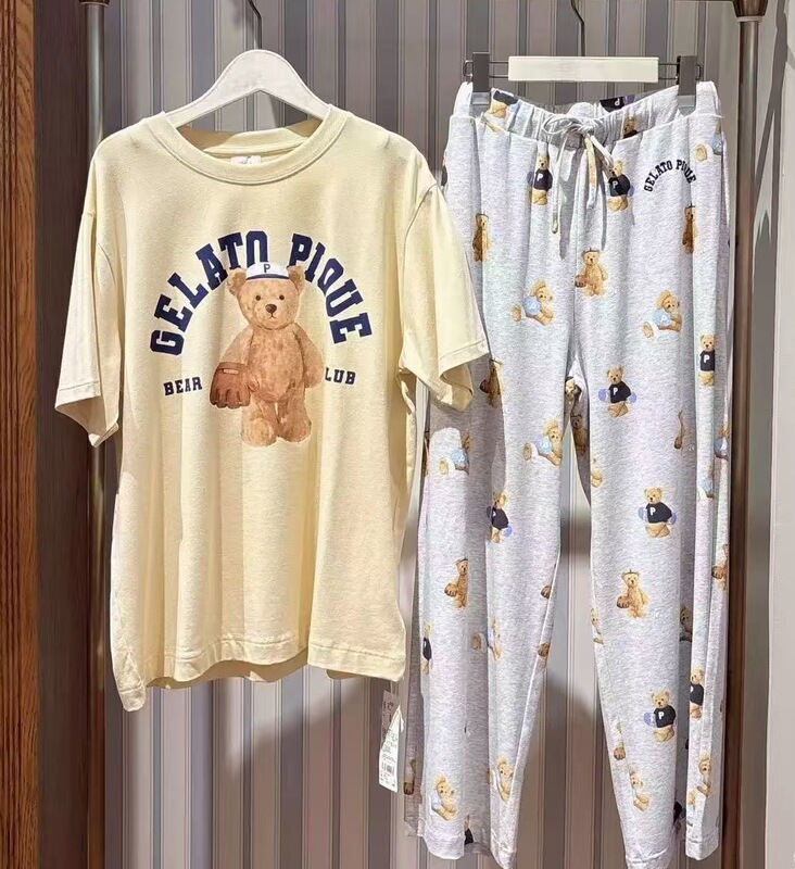 软绵绵冰淇淋新品棉柔软可爱小熊卡通印花圆领短袖女家居服套装|undefined