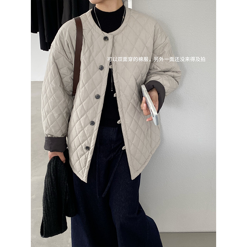 江左 双面可穿复古菱格纹宽松百搭棉服外套女冬百搭加厚棉衣6375