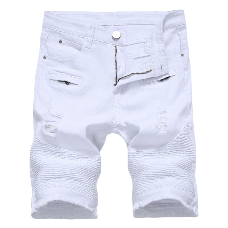 Comercio exterior de los hombres High Street zipper Stretch Slim casual Denim blanco negro shorts grab ripped pantalones del medio