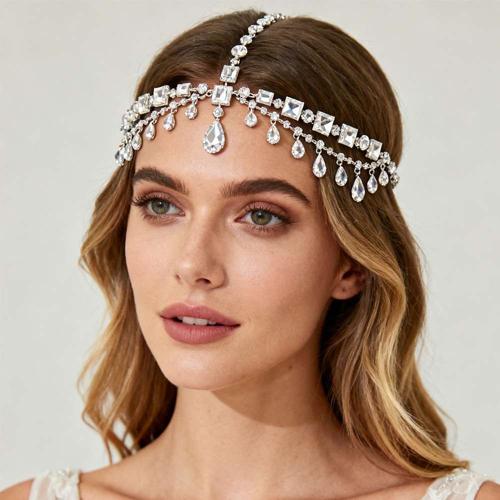 Cross-Border New Style Gorgeous Rhinestone Forehead Chain for Women Simple Water Drop Headband Chain Ethnic Style Fashion Dinner Party Head Chain