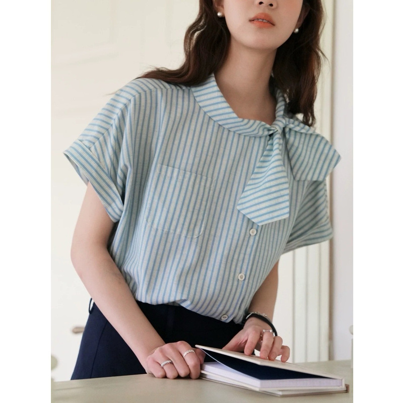 Noveilst Retro Asymmetrical Bow Tie Blouse Summer New Style Diagonal Placket Design Striped Shirt for Women Noveilst Retro Asymmetrical Bow Tie Blouse Summer New Style Diagonal Placket Design Striped Shirt for Women