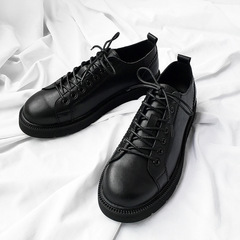 2021 Spring New Leather Thick Sole Trendy Skate Shoes Casual Men's Soft Sole Laced Korean Style Low Top Leather Shoes