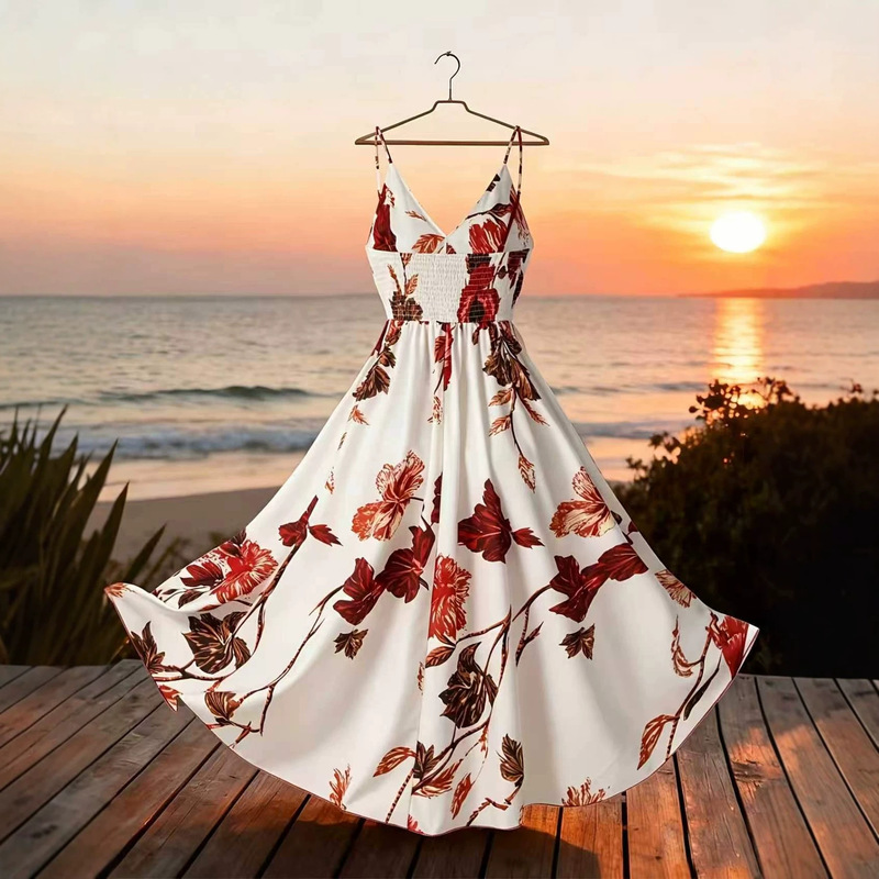 French-Style Printed Suspender Dress, Seaside Resort Style, Waist-Cinching Long Dress, European and American Beach Dress, New Summer Style French-Style Printed Suspender Dress, Seaside Resort Style, Waist-Cinching Long Dress, European and American Beach Dress, New Summer Style