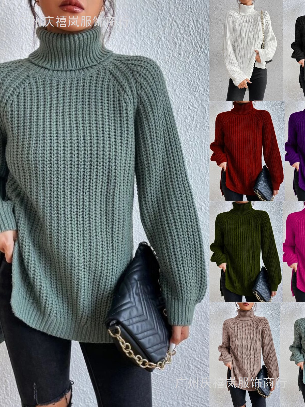2026秋冬新品外贸wish针织衫中长款插肩袖高翻领开叉毛衣连衣裙女
