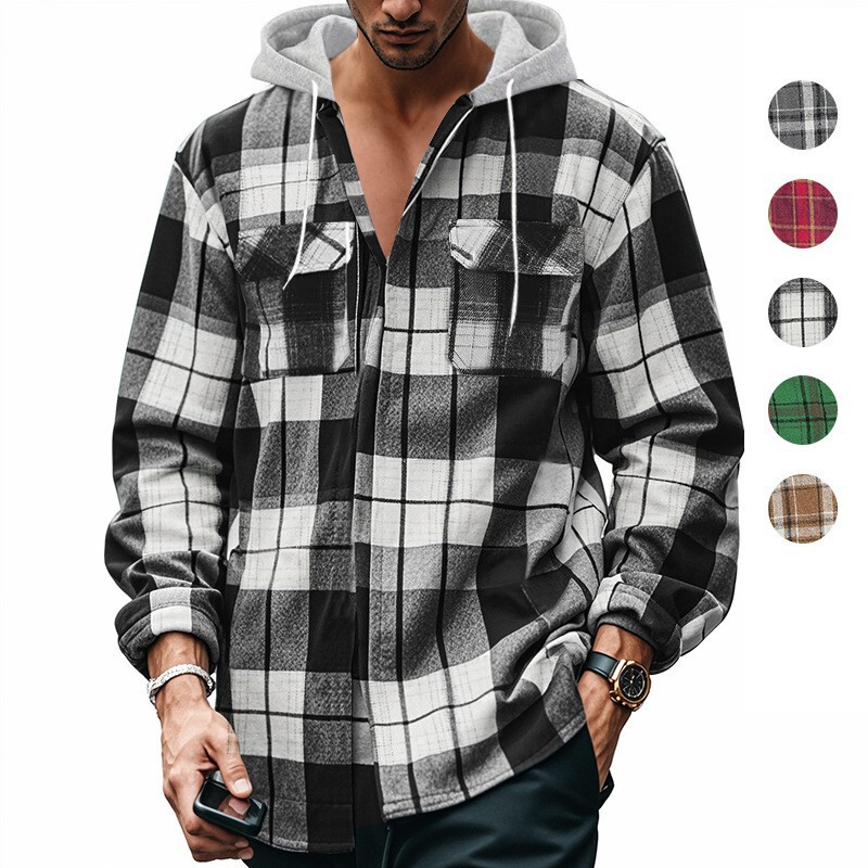 2025 Spring New Amazon Temu Popular Loose Casual Flannel Jacquard Long-Sleeved Hooded Plaid Shirt
