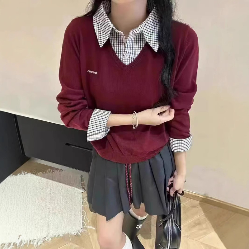 韓国風シンプルチェック柄シャツ襟長袖フェイクツーピースセータールーズ年齢軽減セーターレディースジャケット|undefined