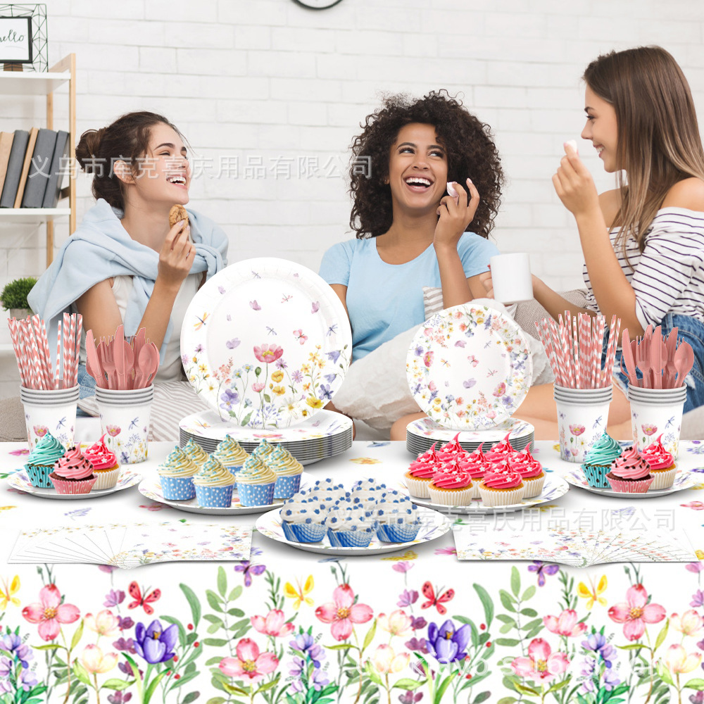 Nuevos platos de fiesta de flores silvestres cubiertos de fiesta de cumpleaños bandeja de papel desechable toallas de papel decoración de bandera