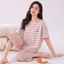 2026新款夏睡衣女生夏季短袖薄款纯棉带胸垫女士七分裤家居服套装