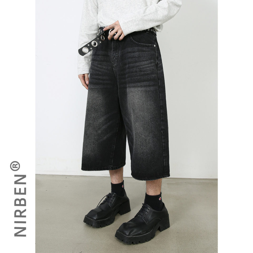 Quần jean nam ống rộng lửng 7/10 phong cách Hàn, lưng cao thoải mái — Làm cũ, Màu trắng, Màu xanh denim thô, Màu đen thô