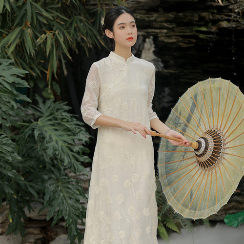 restoring ancient ways Qipao Chinese dress retro cheongsam for women girls show tang suit hanfu  dresses collar lace in artistic dress girl