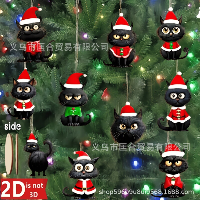 10件黑色猫咪圣诞装饰套装圣诞帽服装木质室内户外树家居装饰挂件|undefined