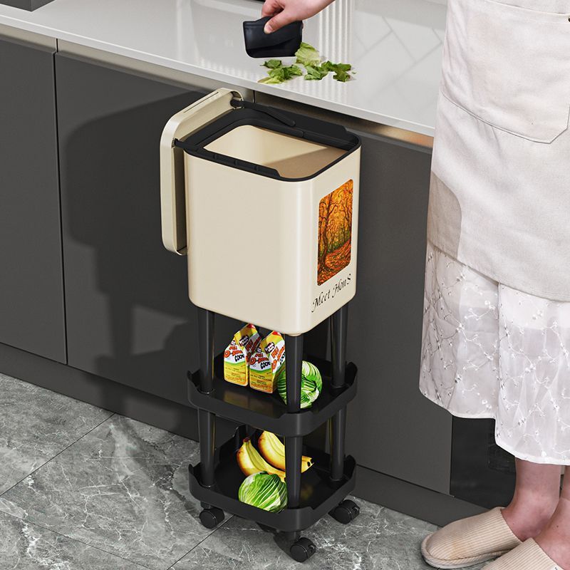 Non-bending high-value new high-foot kitchen trash can sanitary bucket household large-capacity movable with wheels