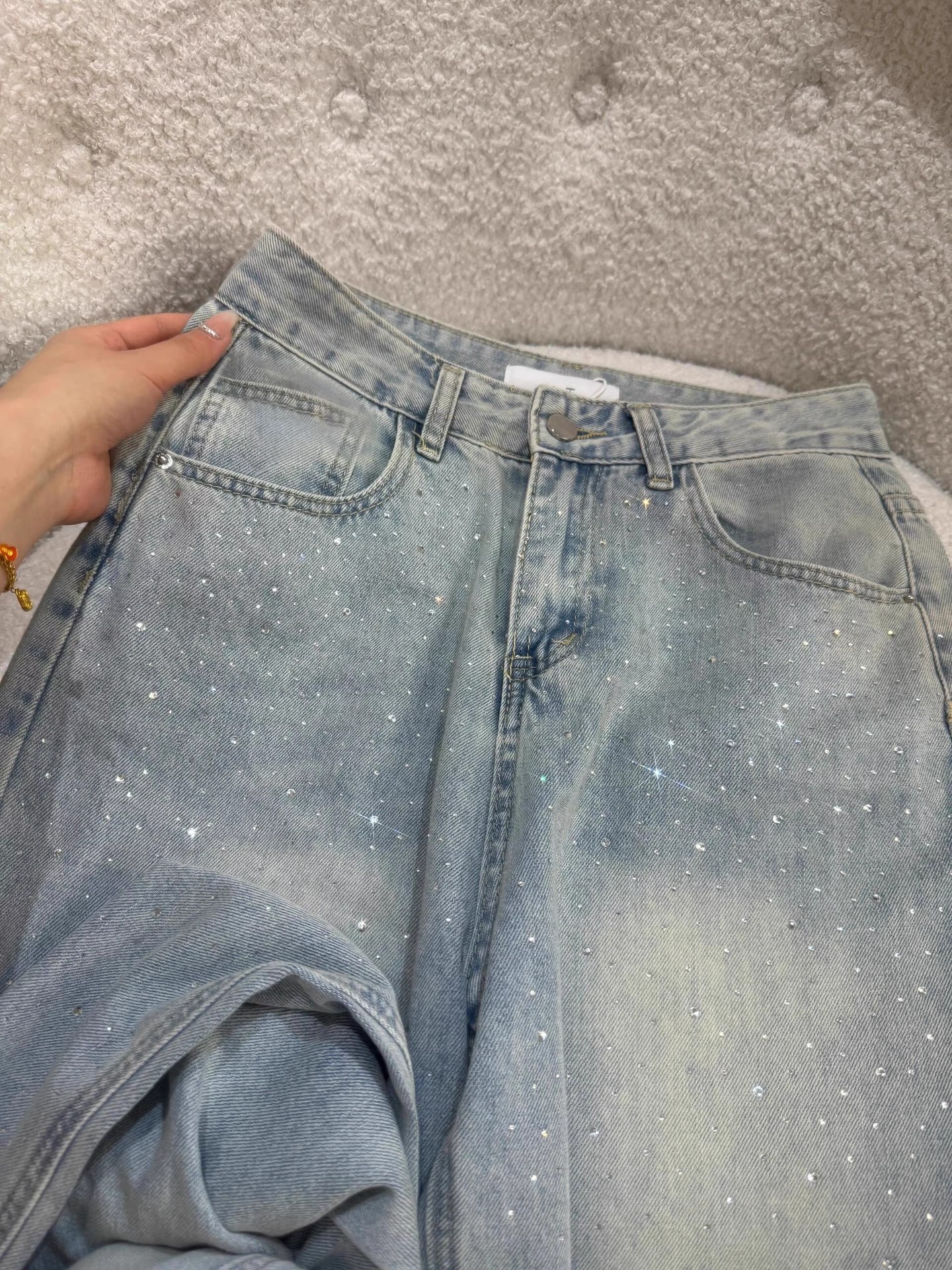 Women's Rhinestone Jeans Straight Leg Flared Pants For Winter_voghion.com