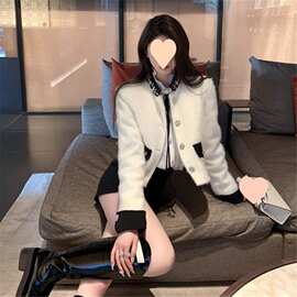 冬季白色小香风毛毛外套女短款气质名媛长袖重工拼接显瘦时尚上衣