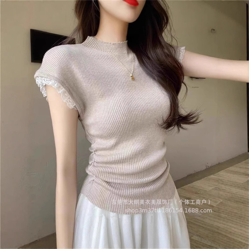 Summer New Pure Lust Style Slimming Pleated Design Lace Edge Splicing Short-Sleeved Knitwear Women's Tops Trendy