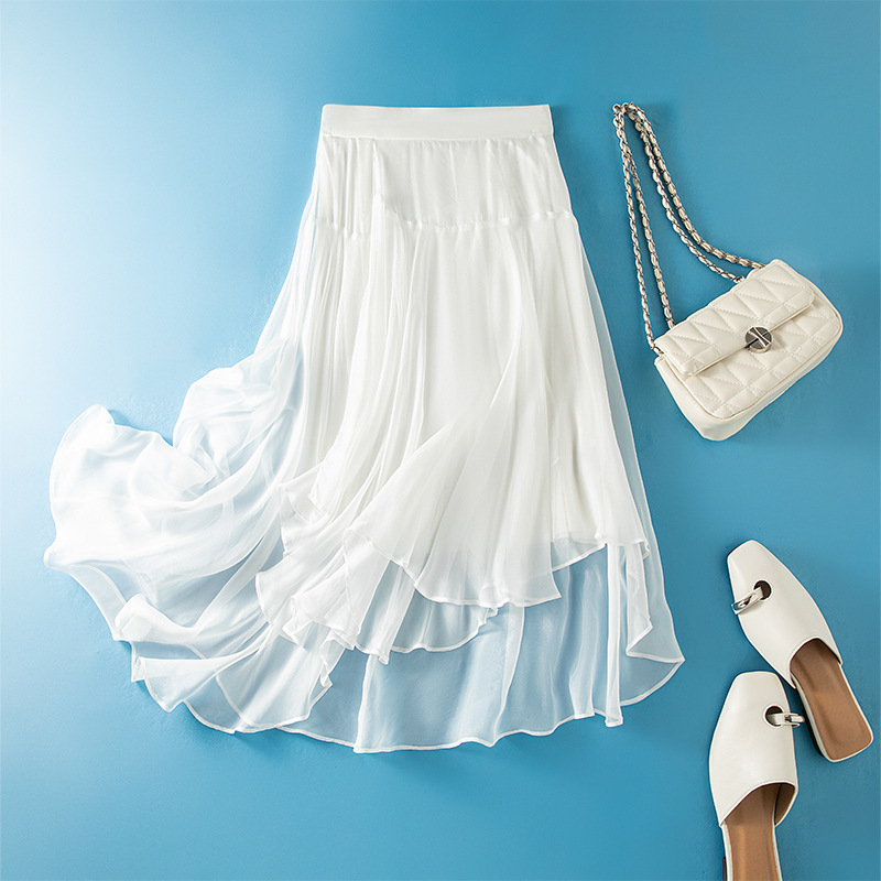 Irregular hem white silk skirt women's spring French high waist A- line cake skirt mulberry silk overskirt
